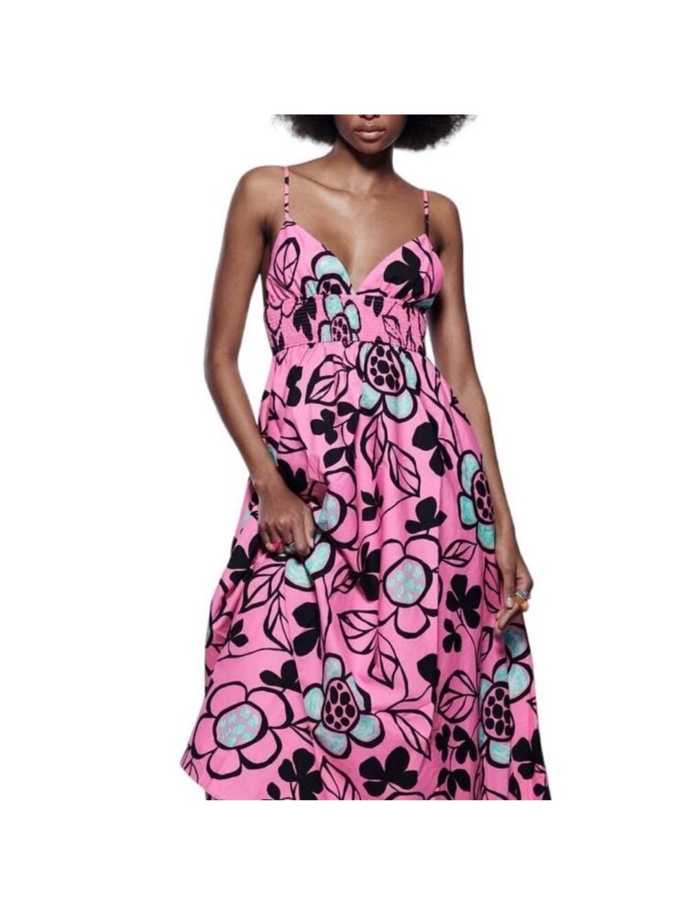 Zara Pink Floral Poplin Midi Dress with Teal Accents Zara size xxl (xl)